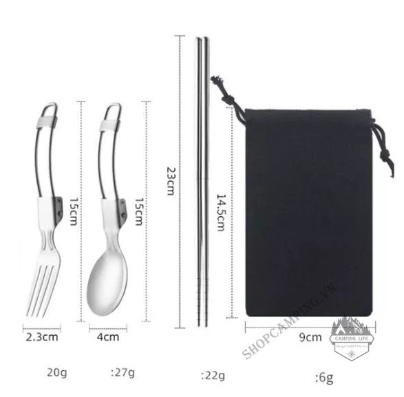  Bộ dao muỗng nĩa inox 304 xịn (nam châm không hít), muỗng nĩa dao gấp gọn có túi vải đi kèm 