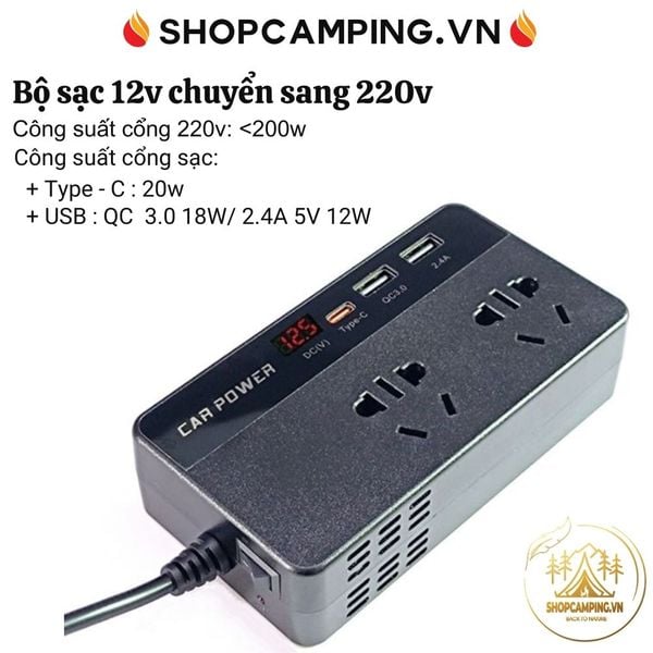  Bộ sạc điện thoại, sạc oto tích hợp inverter 12v sang 220v 200w 