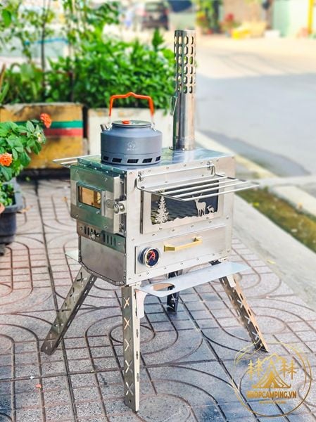  Lò sưởi, bếp sưởi củi Inox 304 có khay nướng dành cho cắm trại dã ngoại 