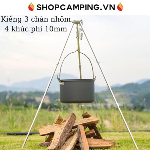  Kiềng 3 chân hợp kim nhôm 4 khúc phi 10mm, giá treo nồi cắm trại, dã ngoại 