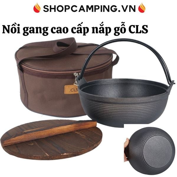  Nồi gang nắp gỗ CLS kiểu Nhật Sukiyaki , nồi treo gang nguyên khối dã ngoại kèm túi đựng,cắm trại 