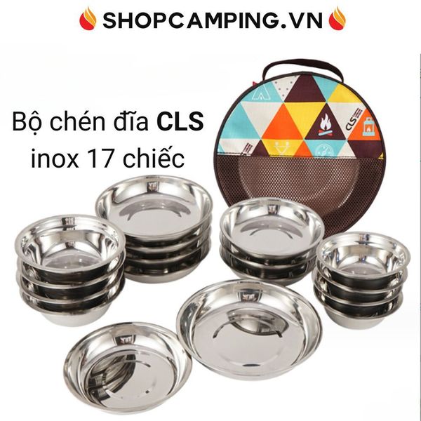 Bộ bát đĩa inox xếp gọn 17 chiếc có túi đựng CLS, bộ chén đĩa dã ngoại 