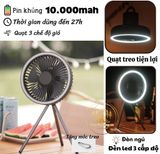  Quạt treo lều, quạt tích điện đa năng có đèn led 3 chân để bàn, hẹn giờ tiện dụng 