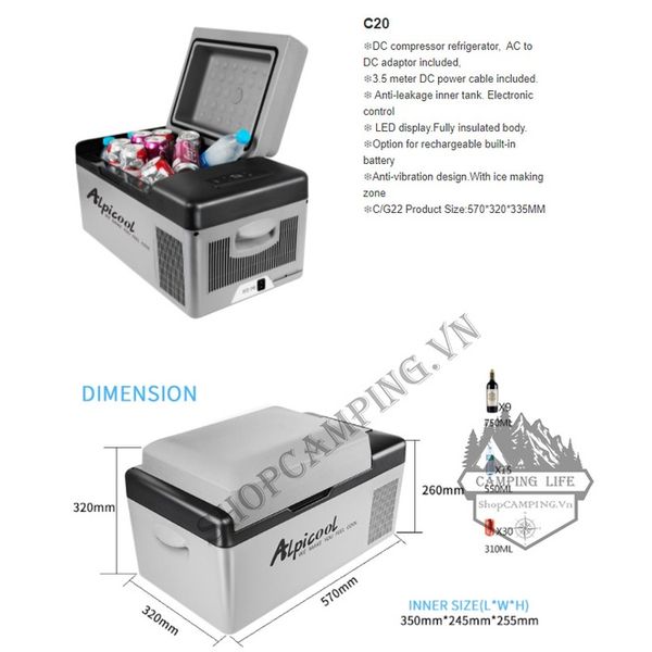  Tủ lạnh C20 20Lít Alpicool [CHÍNH HÃNG Hàng link Order] (đầy đủ phụ kiện có app điều khiển qua điện thoại) 