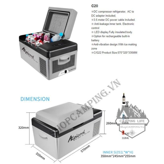  Tủ lạnh C20 20Lít Alpicool [CHÍNH HÃNG Hàng link Order] (đầy đủ phụ kiện có app điều khiển qua điện thoại) 