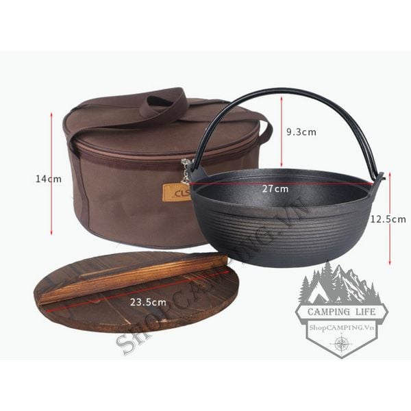  Nồi gang nắp gỗ CLS kiểu Nhật Sukiyaki , nồi treo gang nguyên khối dã ngoại kèm túi đựng,cắm trại 