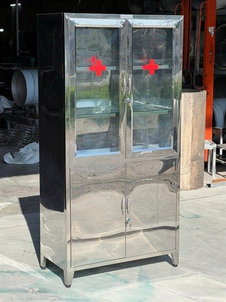 Tủ Y Tế Inox 1m6 (Chân Gấp, Có Núm Chỉnh Độ Cao)
