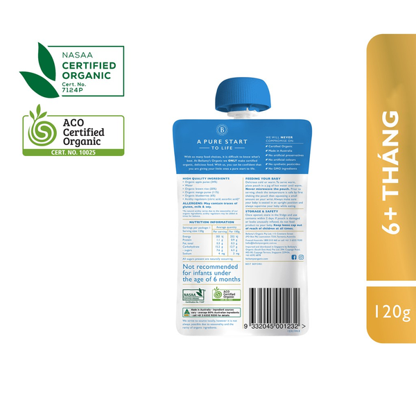  Hỗn hợp việt quất, xoài, táo hữu cơ xay nhuyễn Bellamy's 120g 