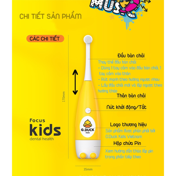  Bàn chải điện đánh răng cho trẻ 3-12 tuổi G.Duck Kids 