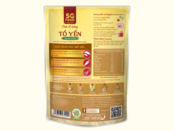  Cháo bổ dưỡng SG Food tổ yến hạt sen lá dứa 240g 