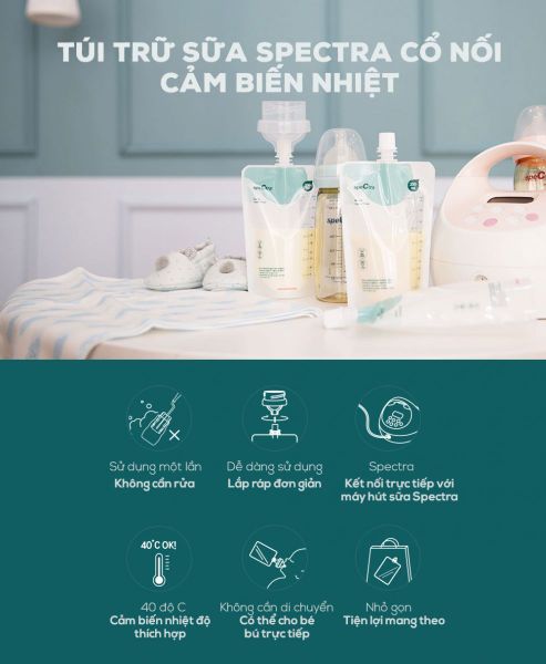 Túi trữ sữa cảm biến nhiệt Spectra nắp vặn cổ nối 200ml 