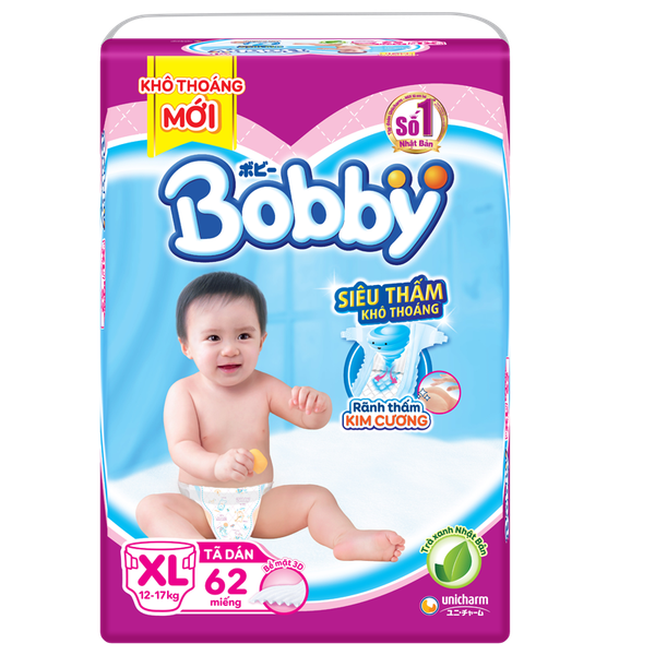  Tã dán Bobby siêu thấm size XL 62 miếng (12-17kg) 