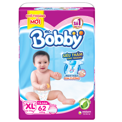  Tã dán Bobby siêu thấm size XL 62 miếng (12-17kg) 