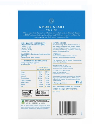  Nui dinh dưỡng hữu cơ, từ lúa mì Semolina và rau củ Bellamy's Organic200g 