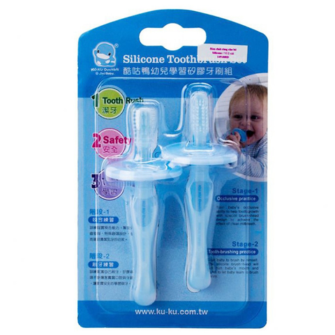  Bàn chải răng em bé bằng Silicon Kuku ( Màu Xanh )/ Set 2 cái 