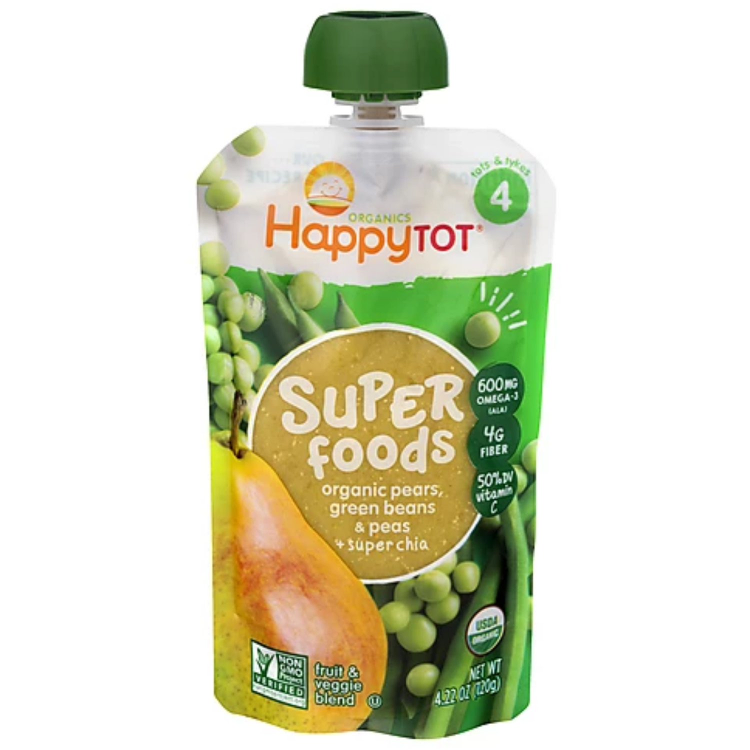  Trái cây nghiền Happy Tot Organics giai đoạn 4 vị lê, đậu hà lan và đậu xanh 