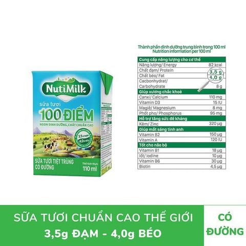  Sữa tươi Nutimilk ST 100 điểm có đường 110ml 