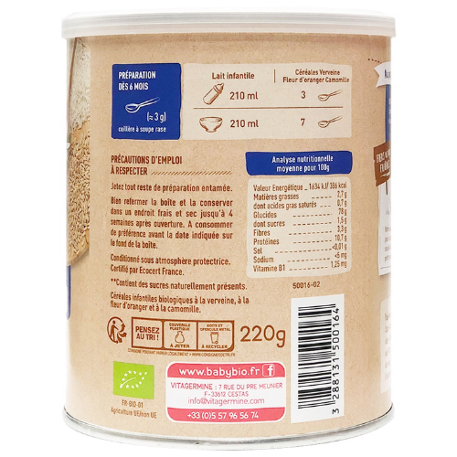  Bột ăn dặm hữu cơ vị cỏ roi ngựa, hoa cam, hoa cúc Babybio 220g (từ 6 tháng tuổi) 