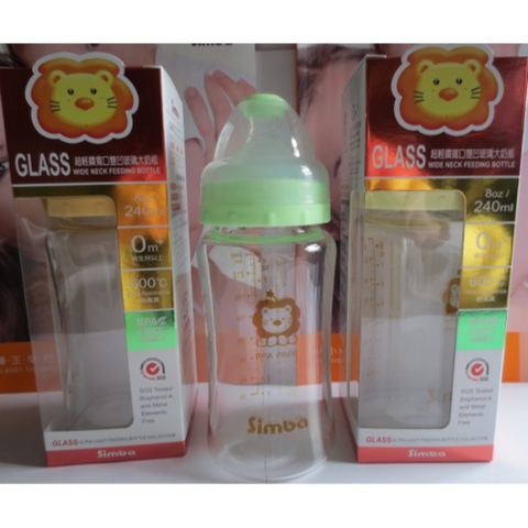  Bình sữa thuỷ tinh hồ lô cổ rộng Simba 240ml xanh lá 
