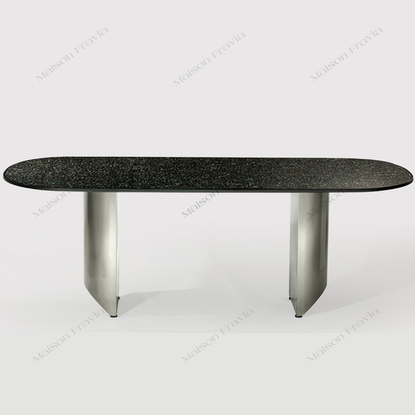  BÀN ĂN SƠN MÀI KHẢM TRAI MOSAIC LACQUER CHÂN INOX BẠC 