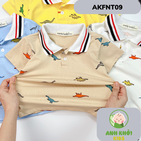  AKFNT09 - Bộ ngắn tay có cổ vải cotton in hình khủng long cho bé trai/gái đi chơi 