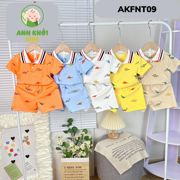  AKFNT09 - Bộ ngắn tay có cổ vải cotton in hình khủng long cho bé trai/gái đi chơi 