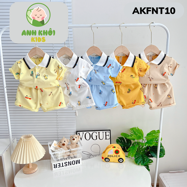  AKFNT10 - Bộ ngắn tay có cổ vải cotton in hình  cho bé trai/gái đi chơi 