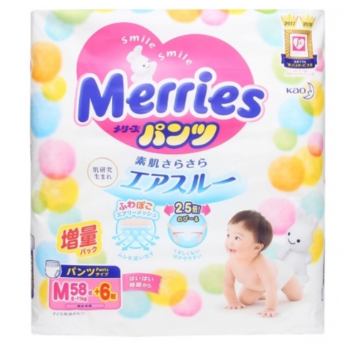  Tã - Bỉm Merries quần size M 58+6 miếng (6-11kg) 