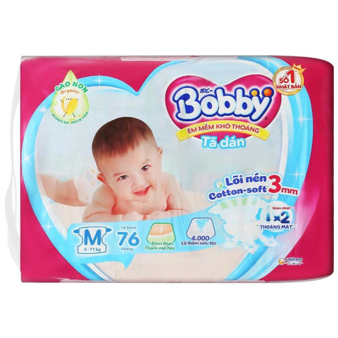  Bỉm - Tã dán Bobby size M - 76 (Cho bé 6 - 11kg) 