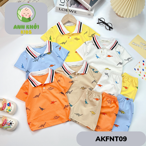  AKFNT09 - Bộ ngắn tay có cổ vải cotton in hình khủng long cho bé trai/gái đi chơi 