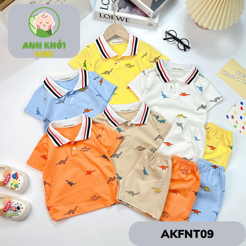  AKFNT09 - Bộ ngắn tay có cổ vải cotton in hình khủng long cho bé trai/gái đi chơi 