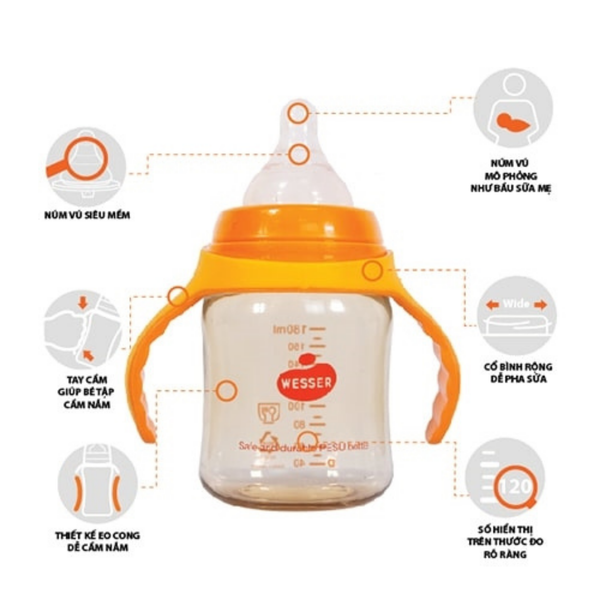  Bình sữa Wesser nhựa PPSU có tay cầm cổ rộng 260ml 