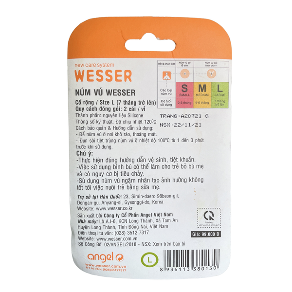  Set 2 núm ty Wesser cho bình cổ rộng size L (trên 7 tháng) - Dành cho bình cổ rộng 180ml/ 260ml 