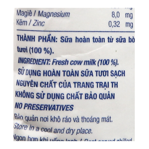  Bịch sữa tươi tiệt trùng nguyên chất không đường TH true MILK 220ml 