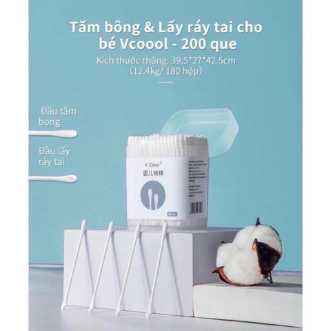  Tăm bông cho bé sơ sinh V-Coool, hộp 200 que 