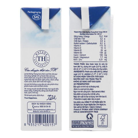  Sữa tươi tiệt trùng có đường TH true MILK 180ml 