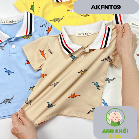  AKFNT09 - Bộ ngắn tay có cổ vải cotton in hình khủng long cho bé trai/gái đi chơi 
