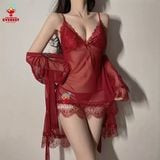  Bộ váy ngủ sexy xuyên thấu kèm áo choàng ren voan cao cấp 
