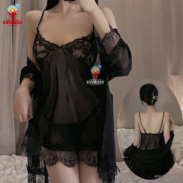  Bộ váy ngủ sexy xuyên thấu kèm áo choàng ren voan cao cấp 