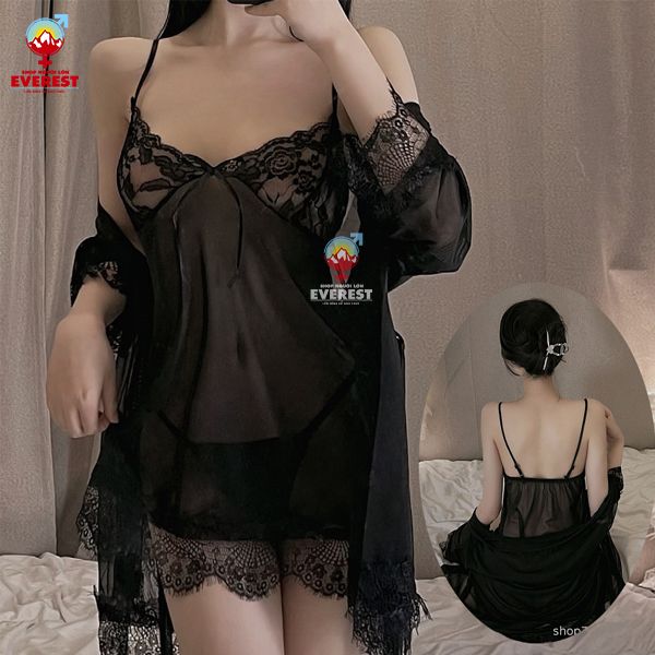 Bộ váy ngủ sexy xuyên thấu kèm áo choàng ren voan cao cấp 