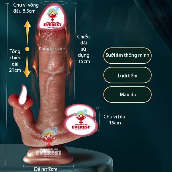  Dương vật giả 2 đầu silicon tỏa nhiệt rung thụt kèm lưỡi liếm 