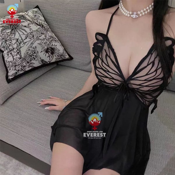  Váy ngủ sexy cánh bướm ren xuyên thấu xẻ tà hở lưng đen trắng 