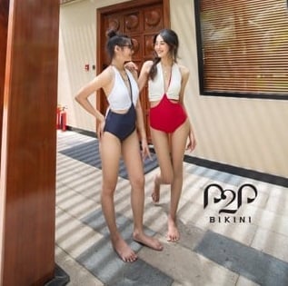 Monokini cột cổ phối màu