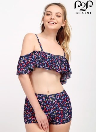Đồ bơi hai mảnh áo tay bèo, quần short họa tiết hoa nhí