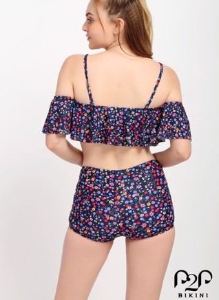Đồ bơi hai mảnh áo tay bèo, quần short họa tiết hoa nhí