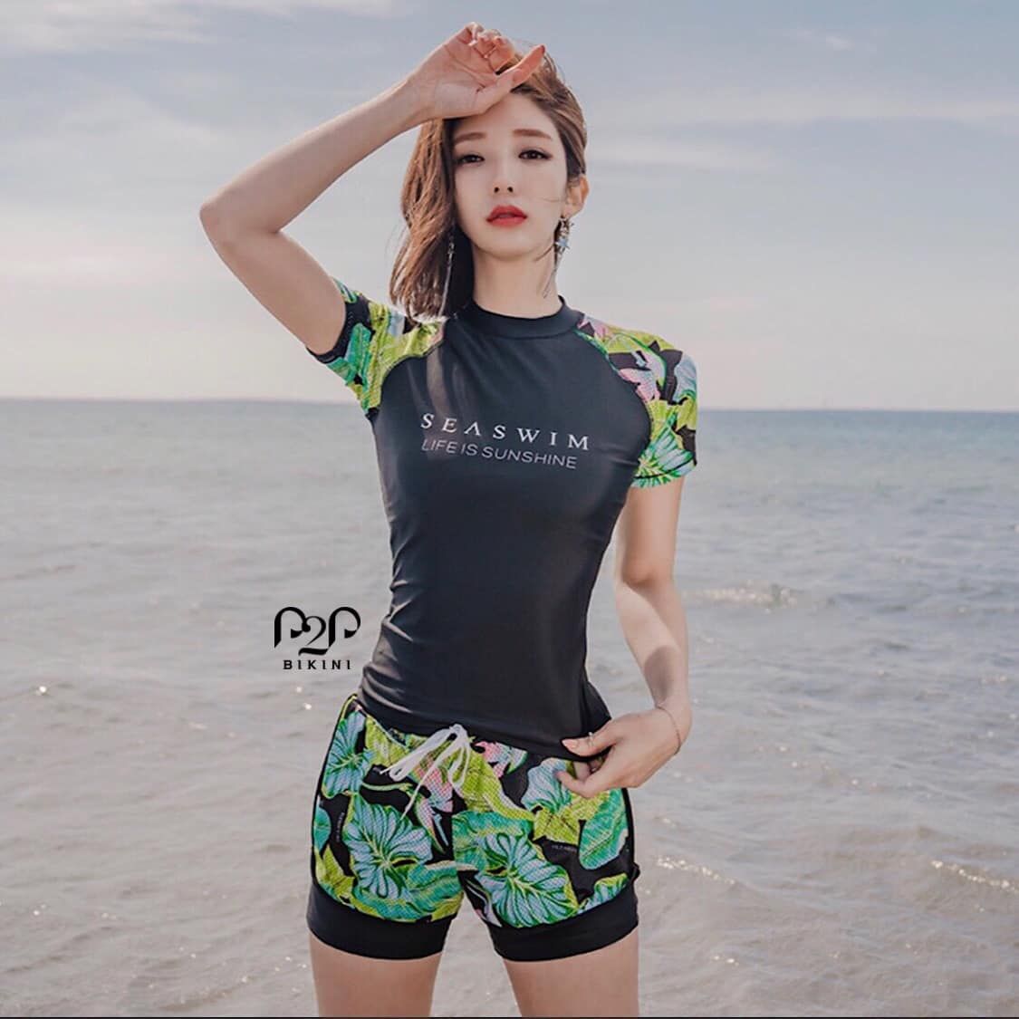 Đồ bơi tay ngắn, quần short hai lớp đen
