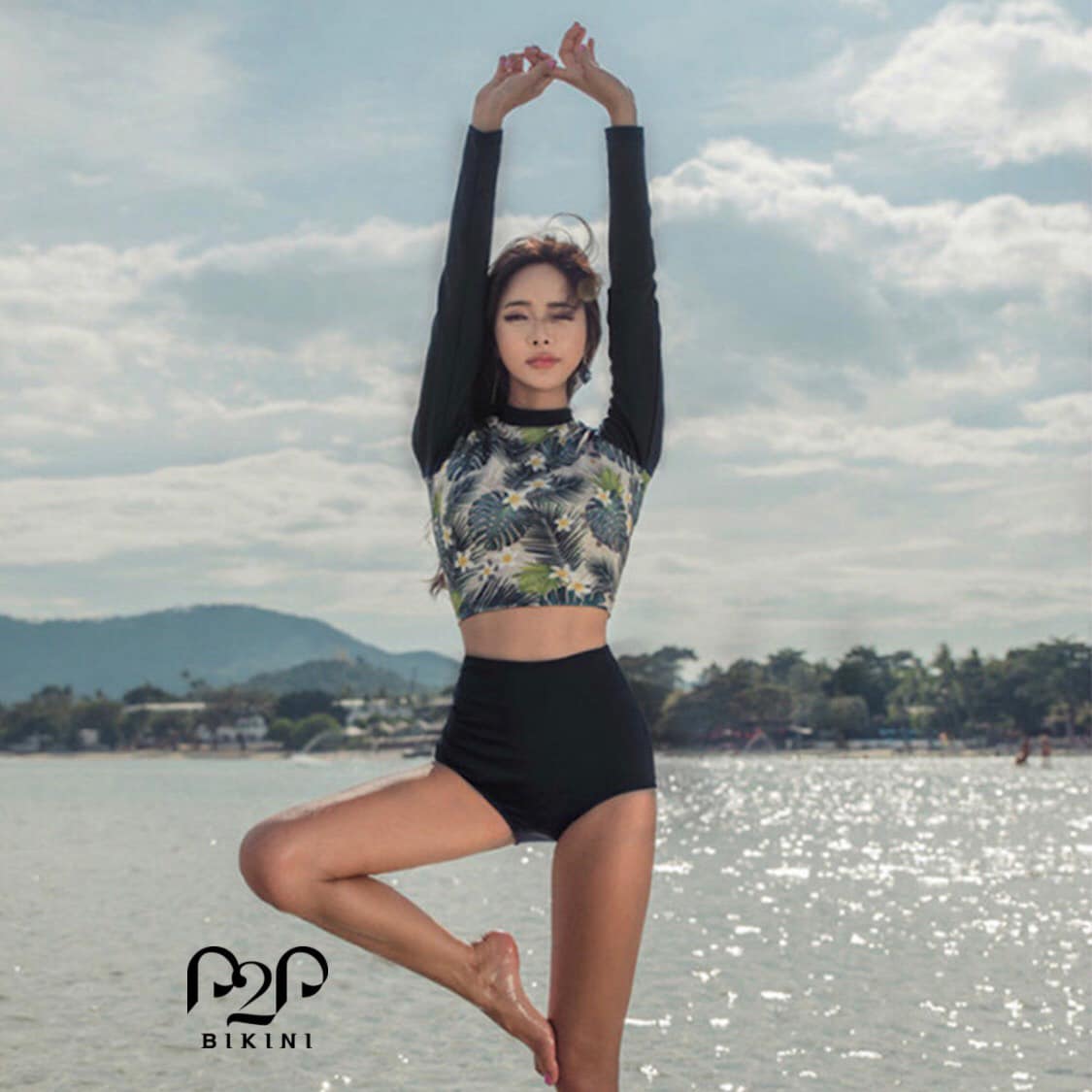 Đồ bơi tay dài croptop, quần cạp cao xanh đen