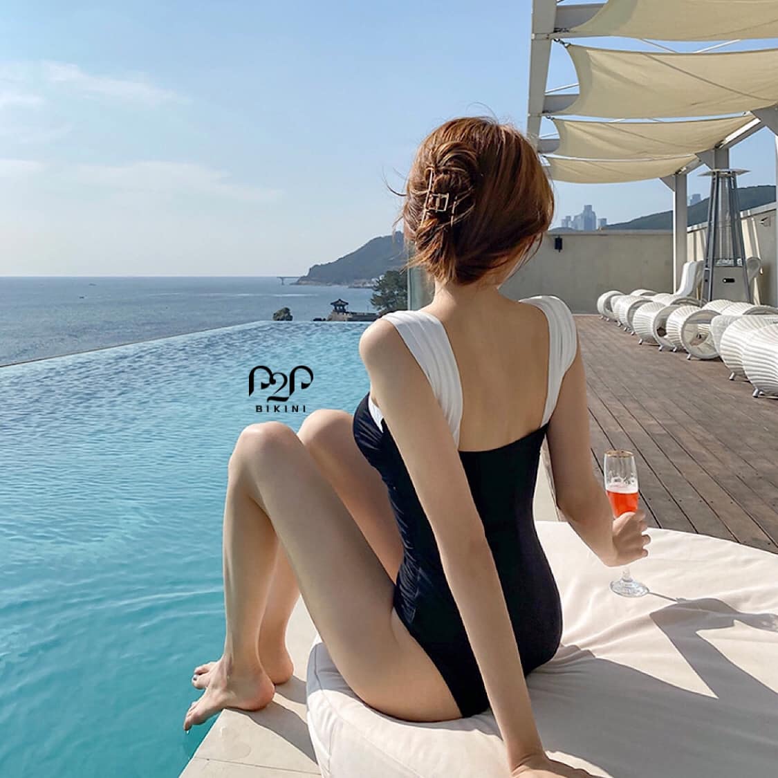 Monokini hai dây bản to cổ tim phối màu