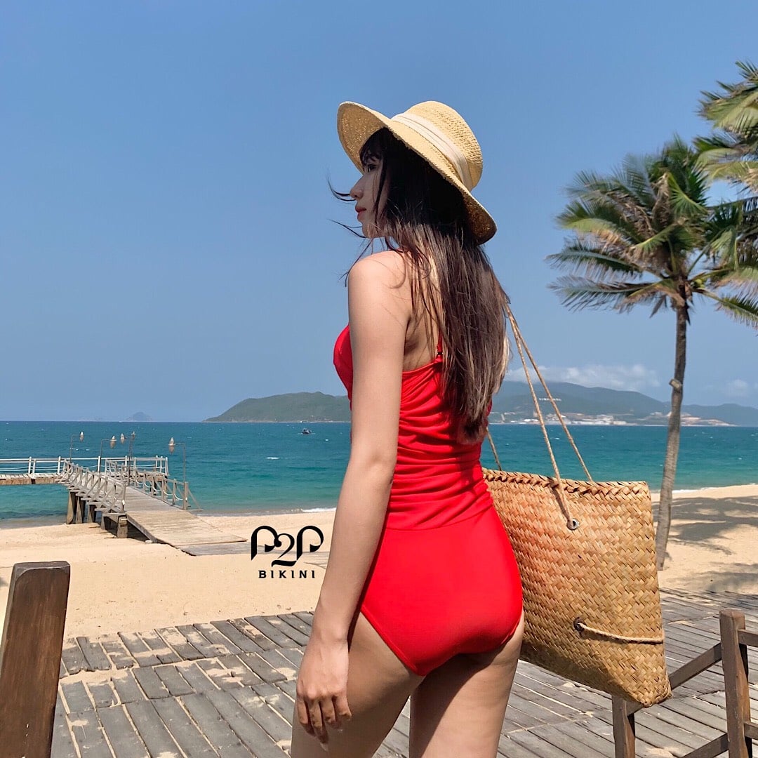 Monokini hai dây nhúng bụng đỏ