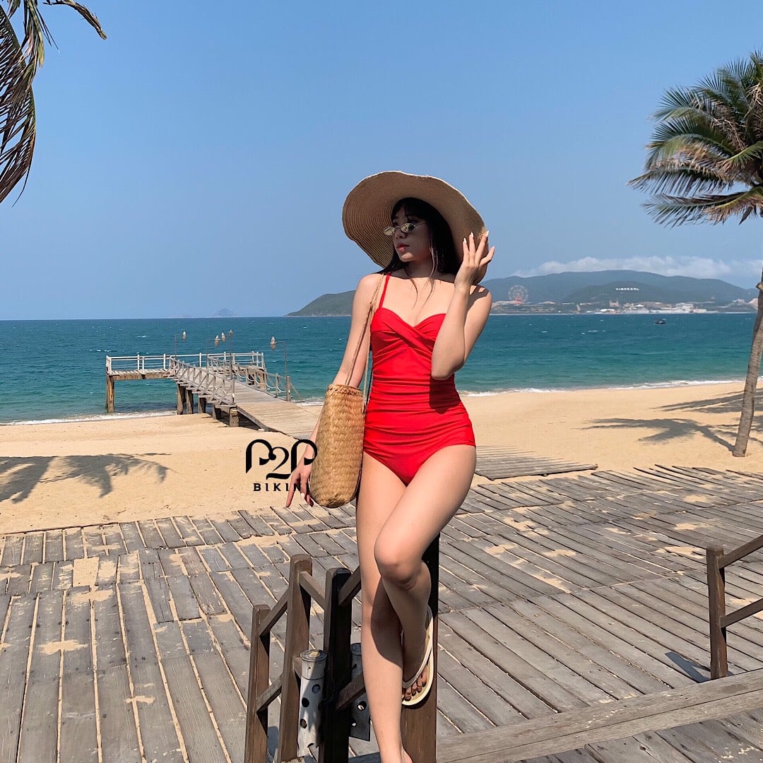 Monokini hai dây nhúng bụng đỏ